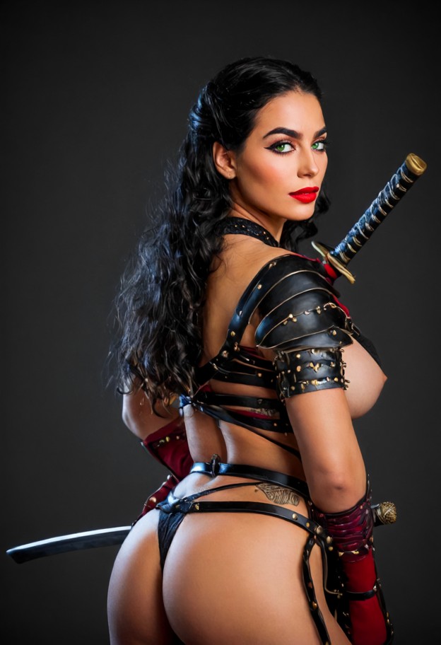full body shot,front view of a beautiful woman standing,((holding two katanas sheathed on her back in an x-shape:1.5)…