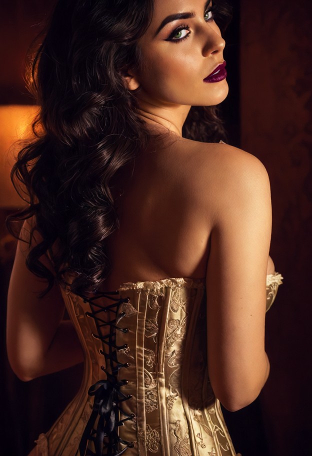 an intimate artistic close-up shot,((lacing up a vintage silk corset))::1.4,detailed female back,(sensual skin textur…