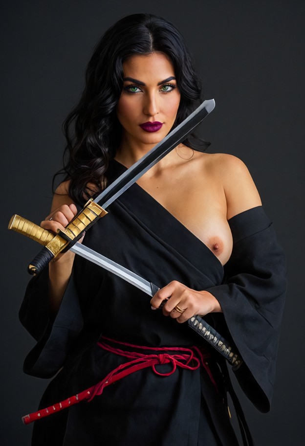 full body shot of a beautiful woman from the front,((holding two katanas lifted up)),((resting one katana blade flat …