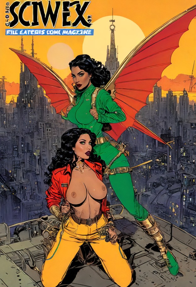 vintage 1990s underground comic magazine cover art,retro-futuristic pulp style in the style of spain rodriguez. a wom…