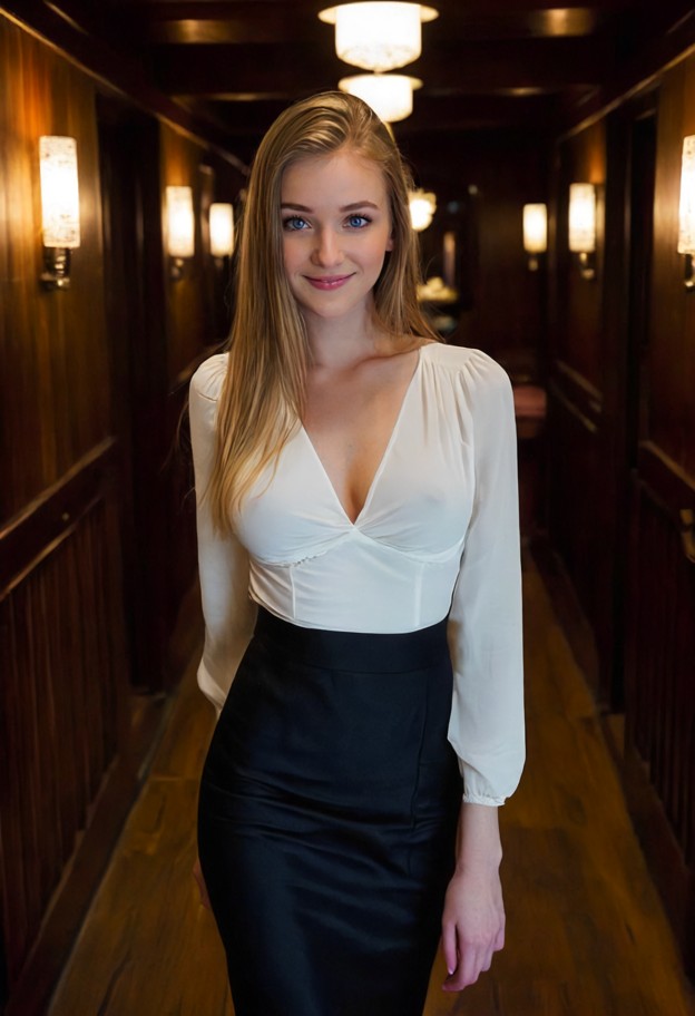 she is walking in hallway,white silk blouse,black pencil skirt around ankles,luxury train hallway,dark wooden panelin…