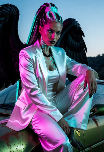 A woman with a calm and composed expression sits atop the roof of a Moss-green Ferrari, her poised demeanor contrasti…