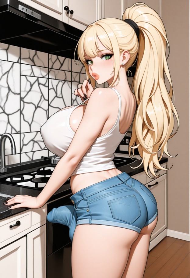 1futa she is trailing fingernail down man's arm,tight white tank top,denim short shorts,kitchen,white cabinets,marble…