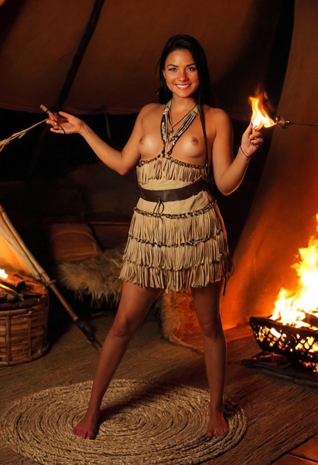söndakwa twirls energetically in front of the fire,beige leather dress,inside a warm tipi,woven mats,animal furs,flic…
