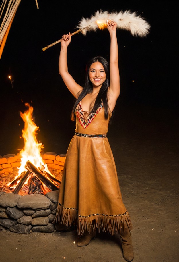 söndakwa twirls energetically in front of the fire with her arms raised,beige leather dress,inside a tipi with animal…