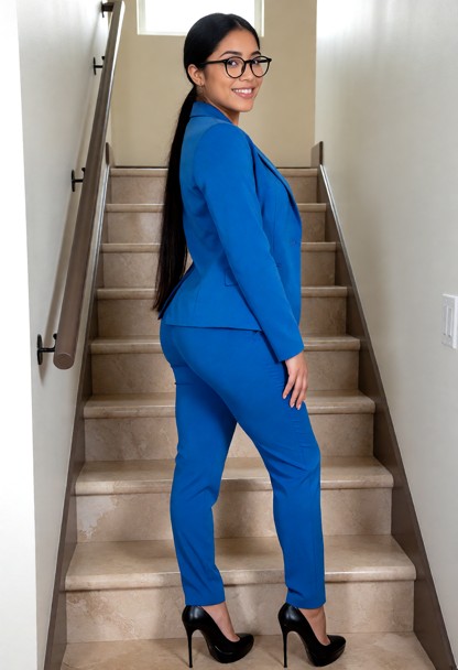 1girl solo woman is standing on stairs wearing a two piece blue suit she is wearing black high heels her long hair is…