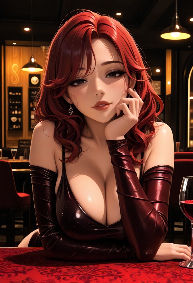 she is touching viewer's jaw,tight black silk dress,upscale restaurant,dark wooden table,red velvet booth,wine glass,…