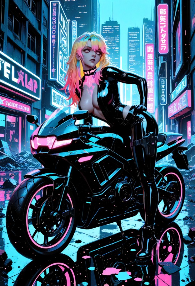 crd,cyberpunk ruined district,front view a blonde long wavy haired woman in black glossy cyberpunk latex outfit with …