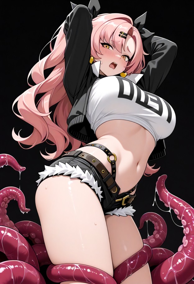 1girl,slim legs,pleading eyes,open mouth,flustered,arms up,arched back,jacket,cropped tshirt,short_shorts,clothed,ten…
