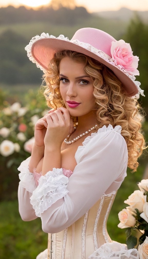 a stunningly beautiful woman with long,blonde,curly hair adorned with a pink hat featuring flowers and netting. she w…