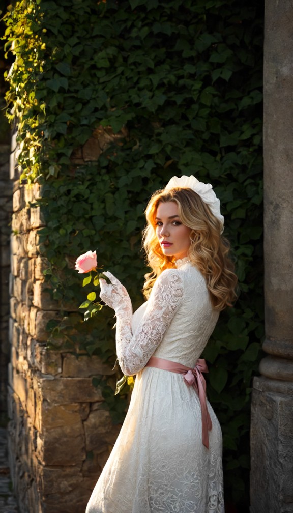 a full-length portrait of a beautiful young woman with long wavy blonde hair,wearing a vintage-style white midi dress…
