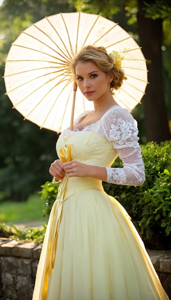 a young woman in a light yellow,floor-length victorian-era gown with a full,tiered skirt and a delicate lace overlay …