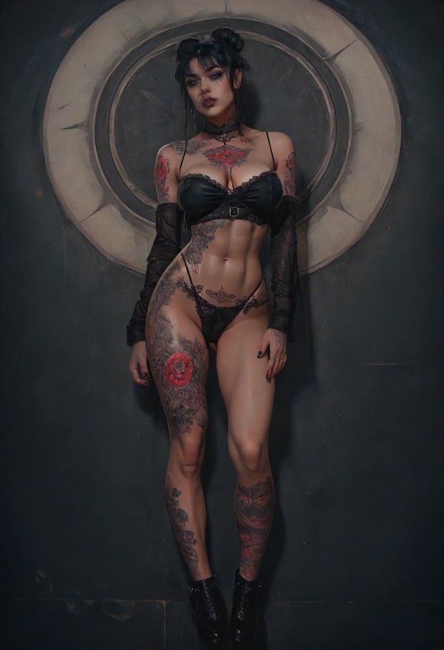 1girl standing in tattoo parlor,black lace thong,posing,big tattoo of a black rose with thorns across her pussy and b…