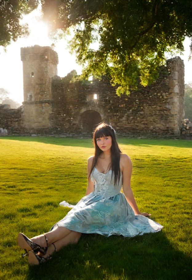 kat lies on her back in the grass with her legs in the air,silk victorian princess dress,elegant hat,leather richelie…