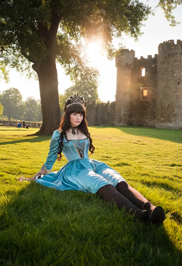 kat is lying on her back in the grass with her legs in the air,silk victorian princess dress,elegant hat,ruined castl…