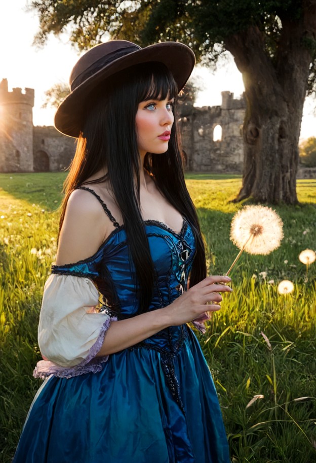 she is is blowing on a dandelion,silk victorian princess dress,elegant hat,ruined castle park,old stone walls,lush gr…