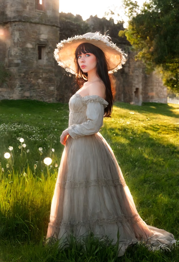she is is blowing on a dandelion,silk victorian princess dress,elegant hat,ruined castle park,old stone walls,lush gr…