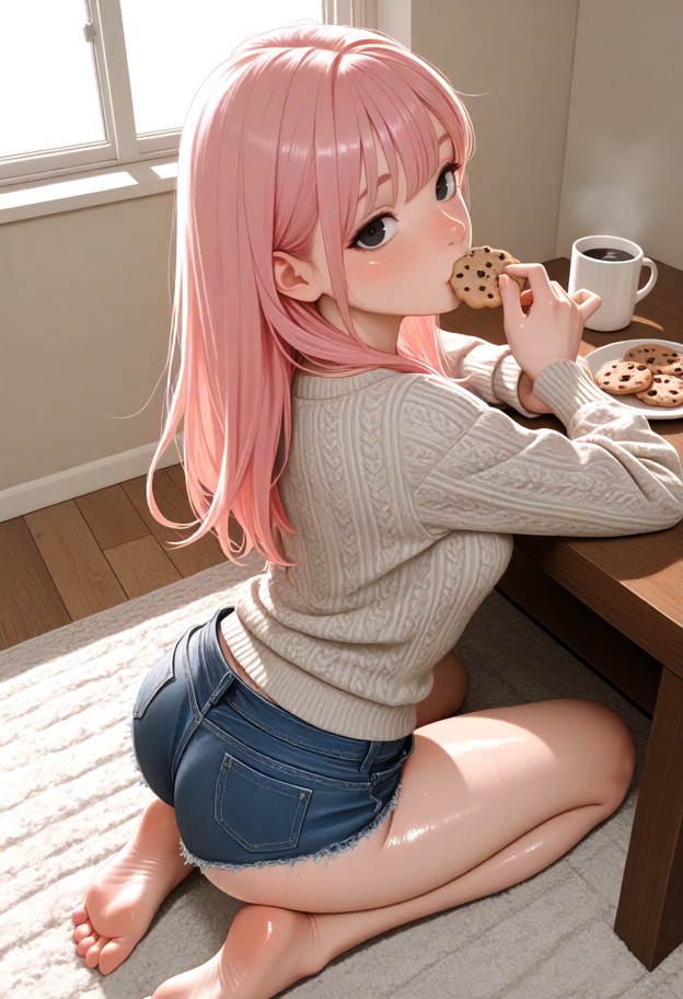she is is kneeling on the floor picking up cookies,oversized grey wool sweater,tiny blue denim shorts,cozy living roo…