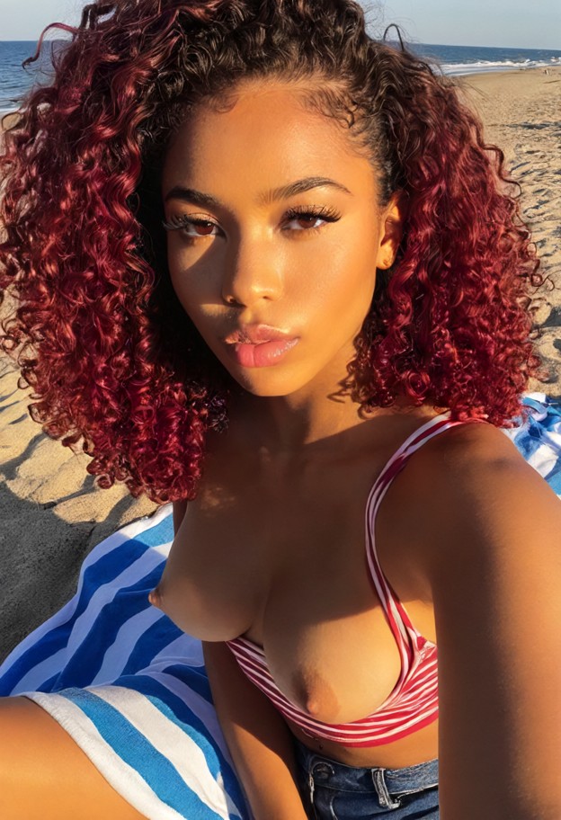 she is lying on her stomach on a striped beach towel,pink cotton crop top,blue denim ripped shorts,sunny beach,golden…
