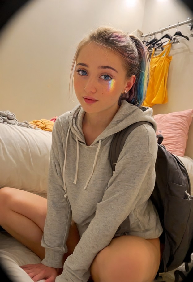 1girl,sit,humping (pillow),college outfit,hoodie,backpack,casual student look,shy,shy smile,blushing cheeks,gentle lo…