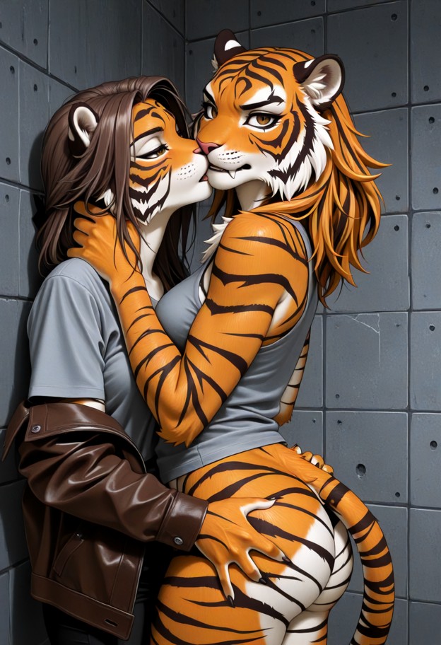 a furry she is pulling away from a kiss,hugging viewer,worn brown leather jacket,faded gray shirt,dim safehouse,gray …