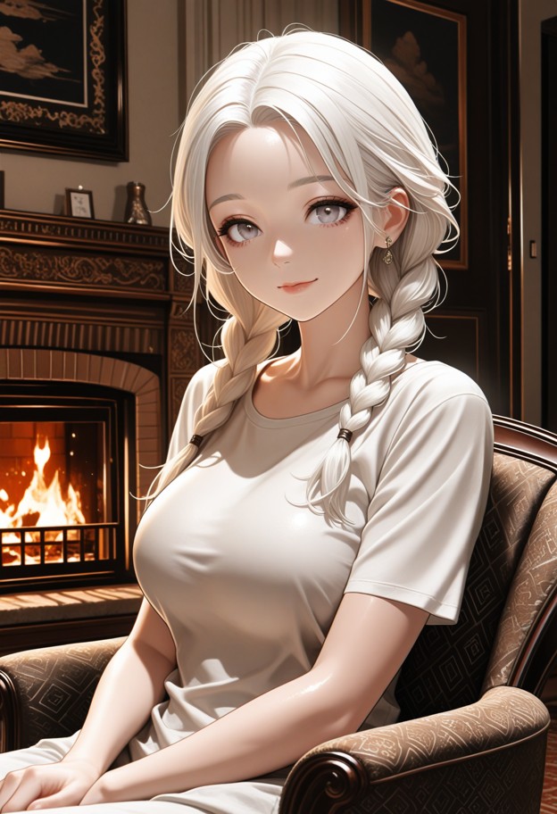she is is sitting in a chair next to a fireplace,elegant neck-high t-shirt,living room,fireplace,cozy atmosphere,medi…