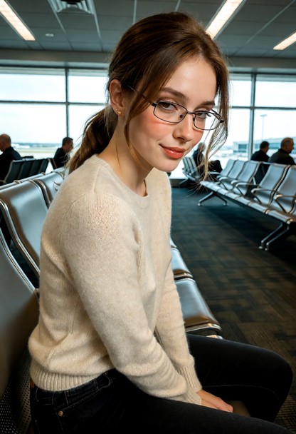 Location: a bright airport boarding gate with large glass windows overlooking the tarmac, surrounded by rows of metal…