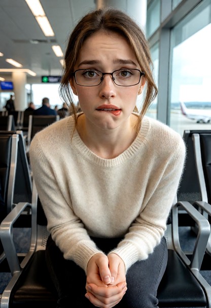 Location: a bright airport boarding gate with large glass windows overlooking the tarmac, surrounded by rows of metal…