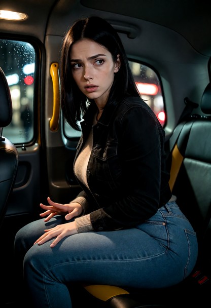Location: inside a dark taxi cab at night, with the city lights blurring through the windows and a dim, moody glow fr…