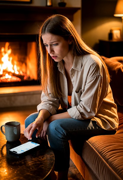 Location: cozy fireplace room with a warm glowing hearth, plush velvet upholstery, and dim amber light casting long, …