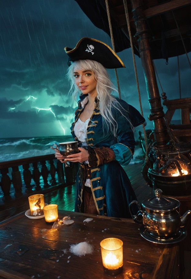 (vertical
composition:1.3),dark maritime fantasy,(haunted pirate ship
deck:1.8),long weathered wooden table made of…