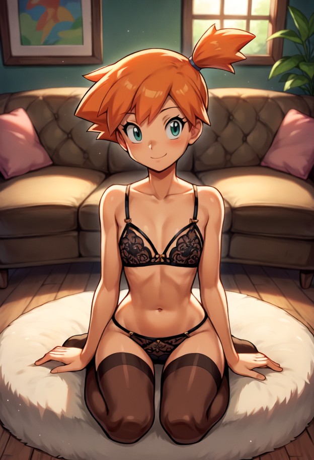 1girl,sitting on brown leather couch,wearing black lingerie,stockings,sly smile,dimly lit living room,dark wood floor…
