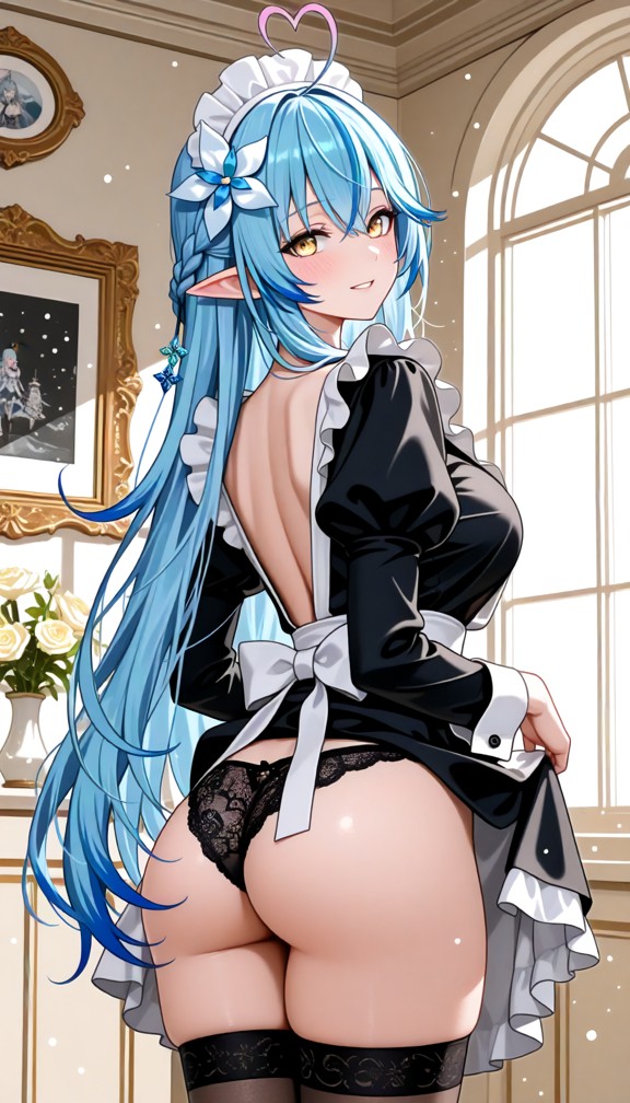 1girl,underwear,panties,ass,breasts,maid,thighhighs,black_panties,solo,maid_headdress,enmaided,indoors,clothes_lift,p…