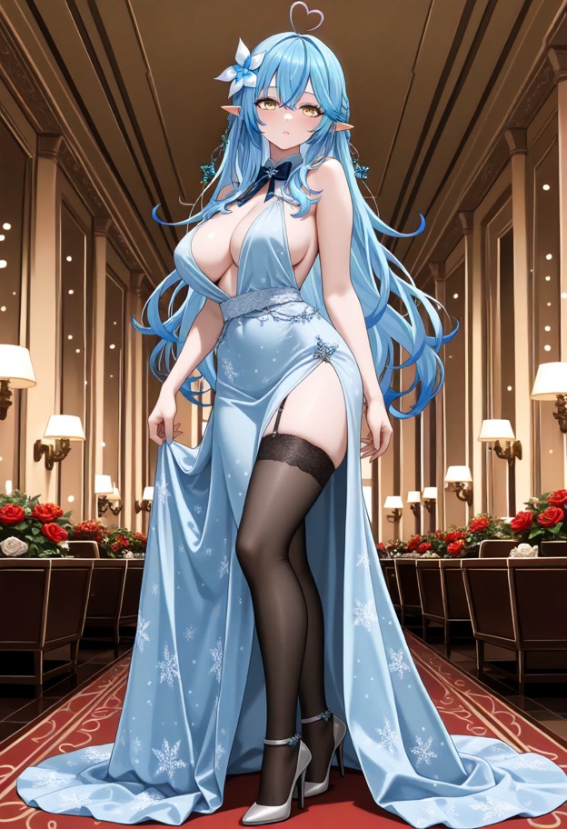 she is standing in a ballroom,wearing evening dress,slit dress,stockings,stiletto heels,ballroom,luxury interior,full…