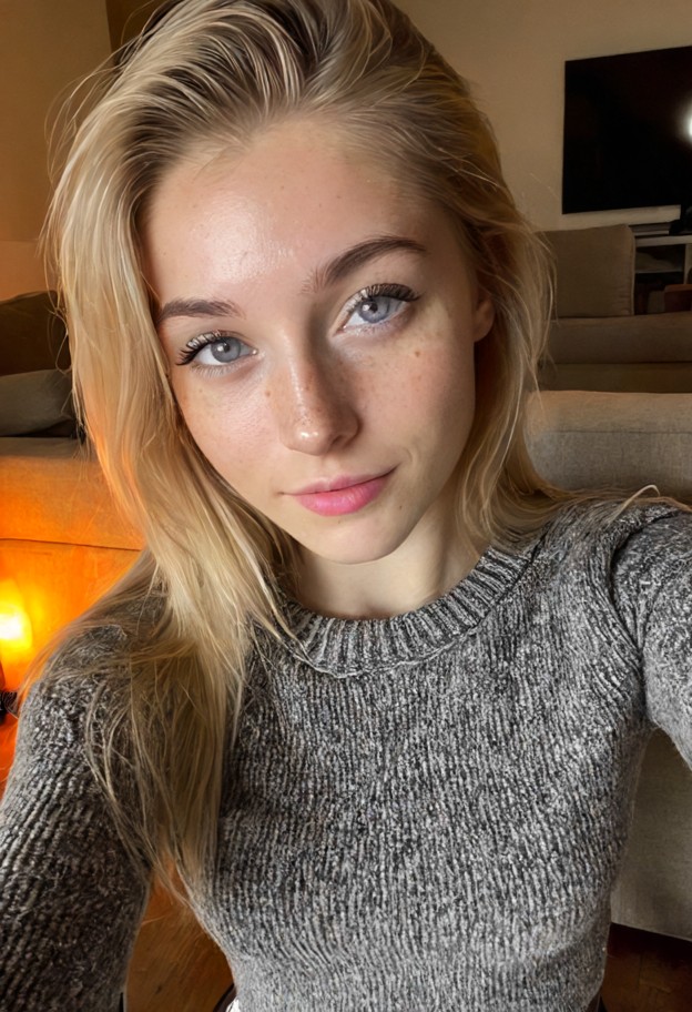 chatoune is leaning her head against the viewer's shoulder,cream-colored wool sweater,dark grey cotton leggings,cozy …