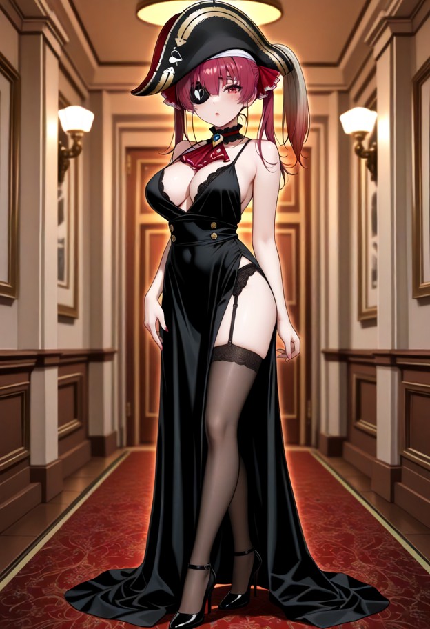 she is wearing an evening dress with a slit,evening dress,garter belt,stockings,stiletto heels,elegant room,full body…