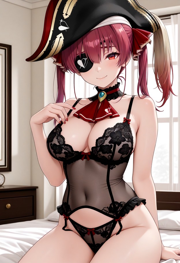 she is is modeling her new lingerie,lace lingerie,bedroom,medium shot,soft lighting