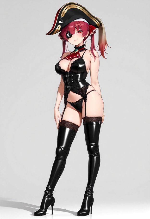a she is is standing confidently,leather corset,thong,garter belt,stockings,thigh high leather boots,stiletto heels,s…
