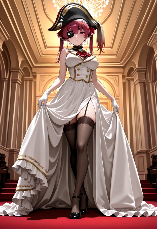 she is is standing in a ballroom,evening dress,slit dress,stockings,high heels,ballroom,low angle,elegant lighting