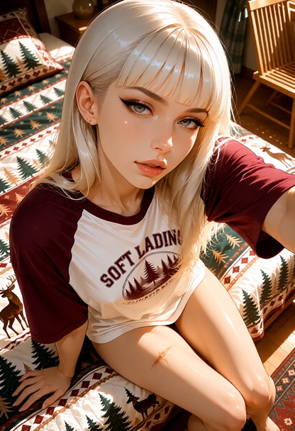 **Frame cut** Vertical high-angle selfie. The crop runs from the top of her hair to mid-thigh. She sits on a bed look…