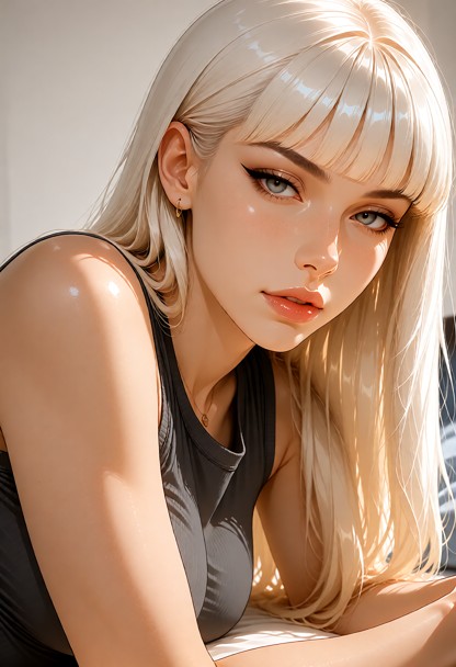 **Frame cut** Horizontal close-up. The crop runs from the top of her hair to mid-torso. Her face fills the right side…