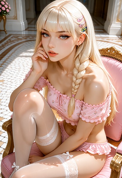 **Face and body description** Young woman with fair skin, light blonde hair styled in a side braid with pink hair cli…