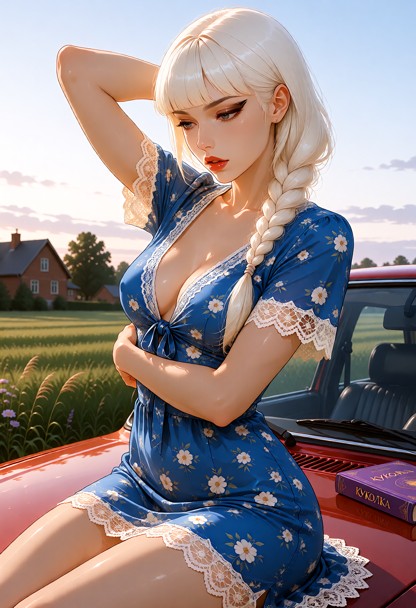 **Frame cut** Vertical three-quarter shot. The crop runs from the sky above her head to the hood of the car. She sits…