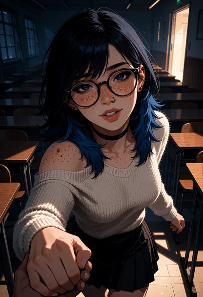 Location: a quiet, dim corner of a university lecture hall with rows of wooden desks and shadows cast by the distant,…
