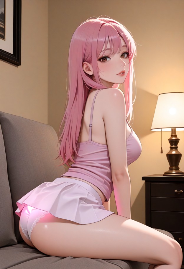 1girl short pink hair brown eyes petite,pastel pink camisole white panties short skirt,girl is watching,living room,w…