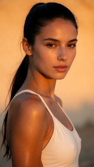 rin ist am strand, sie trägt einen badeanzug, The scene is lit with sunset light, an orange tone, soft highlights, an…
