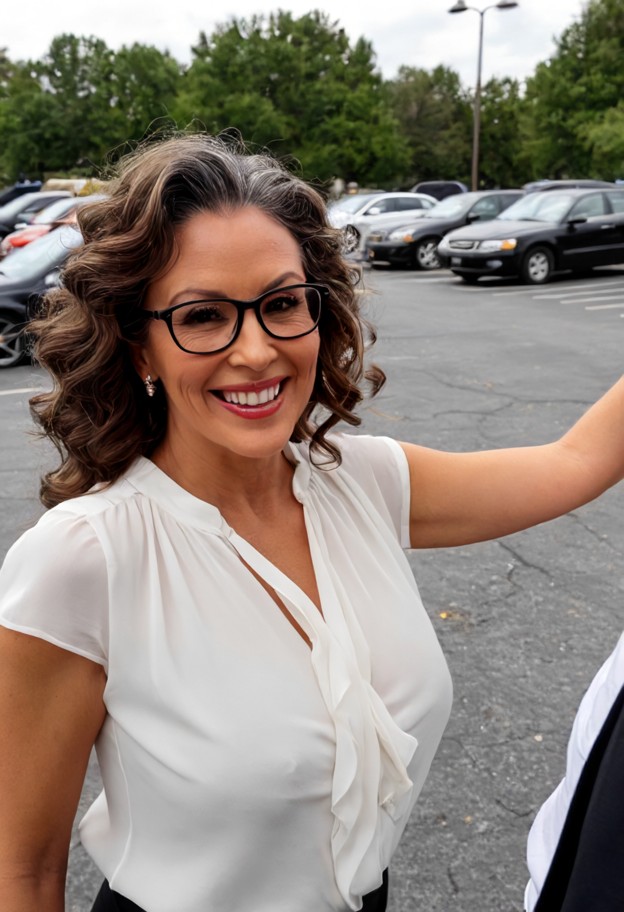 she is is smiling and laughing while pushing a man's arm,white silk blouse,dark trousers,small parking lot entrance,f…