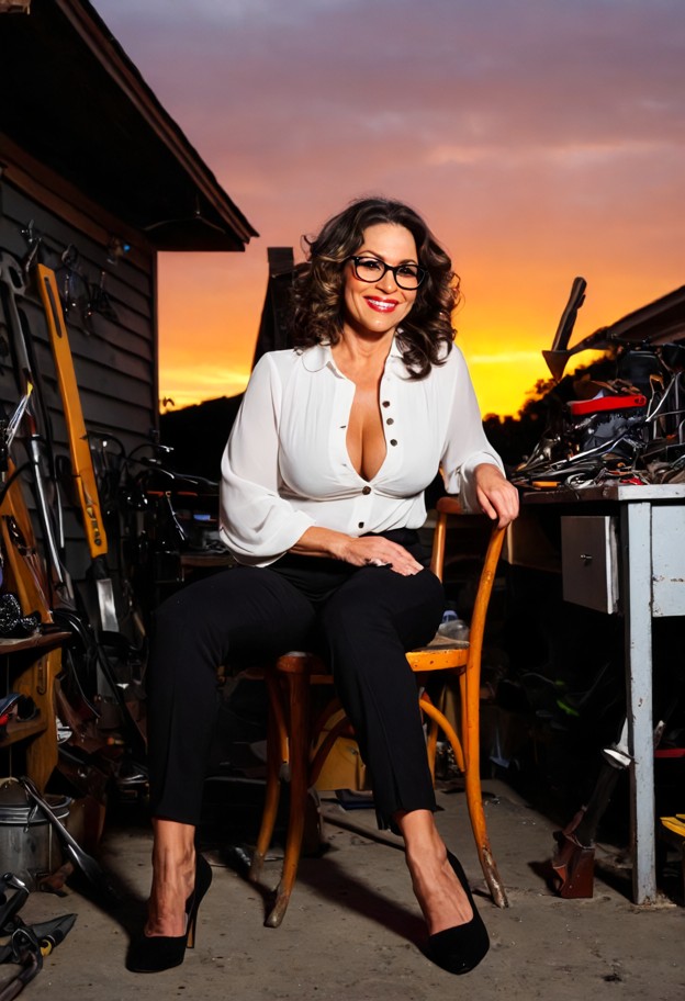 she is sitting on chair smiling,white silk blouse,undone buttons,dark trousers,driveway,four chairs,bright orange sun…