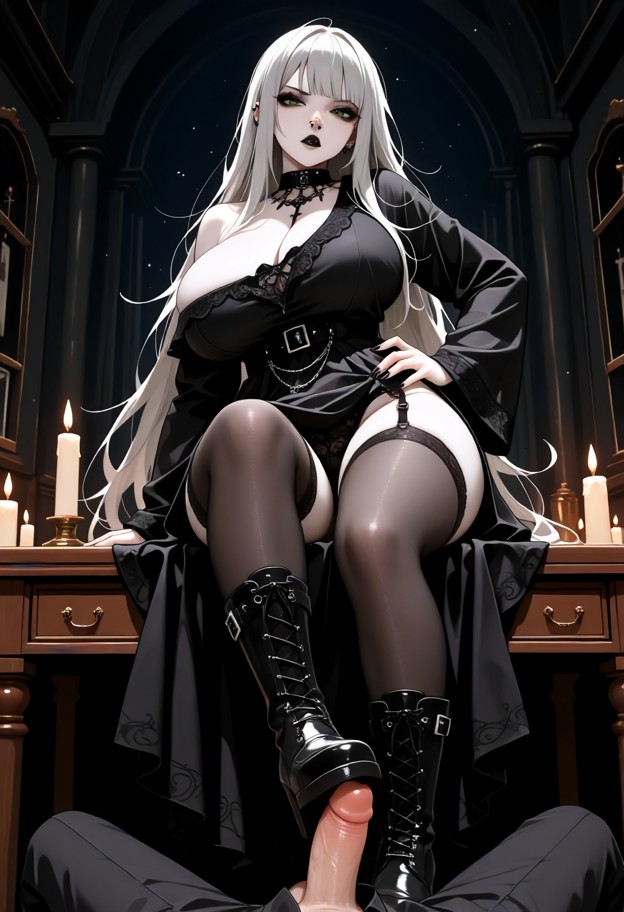 1girl,standing,standing near desk,robe slightly open,black stockings,leather boots,lace black panties,long black dres…