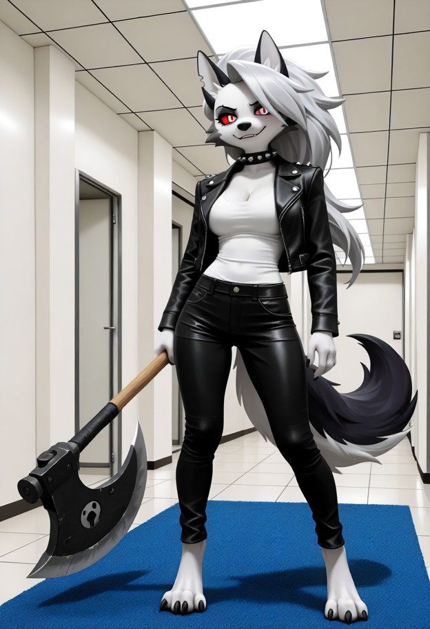 1woman standing,woman holding battle axe,woman smiling,black leather jacket,white shirt,black pants,metal collar with…
